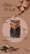 Graphic ad for chocolate petit fours with cocoa and chocolate imagery.