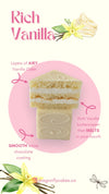 Graphic ad for rich vanilla petit fours with vanilla beans.
