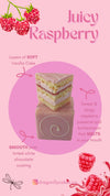 Graphic ad for juicy raspberry petit fours with fresh raspberries.