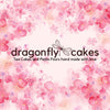 Dragonfly Cakes logo on pink floral background.